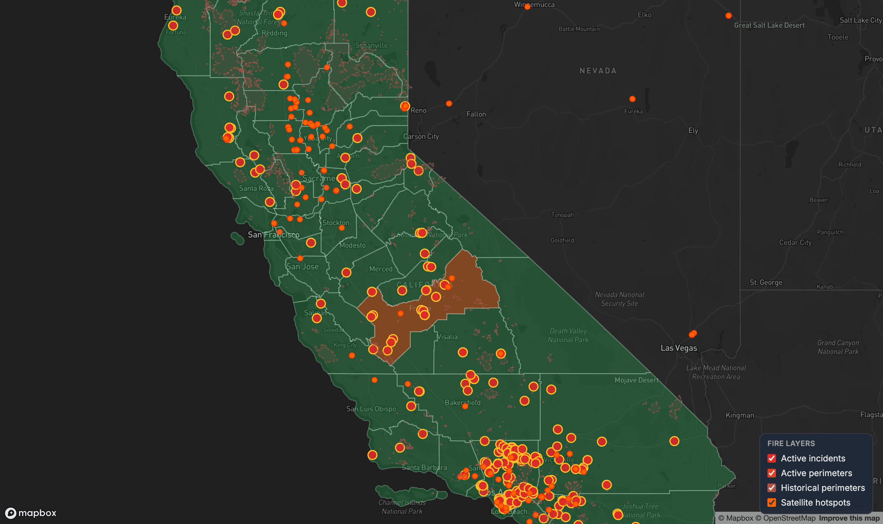 Wyldfyre map showing California fire data with county-level markets